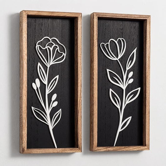 3D Vintage Black Living Room Decor (Set of 2) Lightweight, Wooden Ready-to-Hang Framed Moody Floral Wall Art for Bathroom, Bedroom or Office - Dark Textured Boho Farmhouse Wall Decor - Gift-Boxed