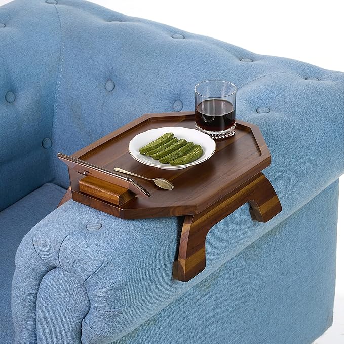 BLUEWEST Sofa Armrest Tray, Acacia Wood Couch Arm Clip on Tray Table with 360° Rotating Phone Holder –Fits Most Couch Arm Sizes–Non-Slip, Space-Saving Arm Table for TV Dinners, Remote, Drinks & Snacks