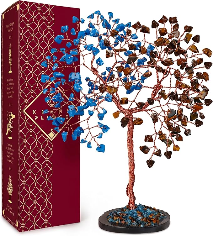 Handmade Healing Crystal Tree of Life Pink Tiger Eye and Turquoise Chakra Tree for Money, Good Luck, Feng Shui Home Decor, Living Room Office Deocration, Unique Birthday Gifts for Women, Men, Mom
