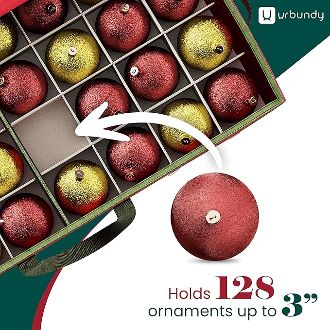 Christmas Ornament Storage Box - Red, Fits 128 Ornaments - Organizer With Dividers & Handles