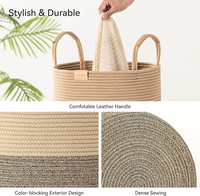 Nunsino 95L Striped Laundry Hamper with Leather Handles,Large Foldable Laundry Basket for Clothes,Cotton Rope Storage Bin for Blankets,Woven Clothes Basket for Bedroom,Dark Brown Stripes