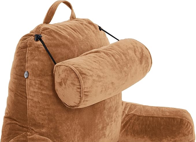 Husband Pillow XXL The Original for Adults - 30" Tall Backrest for Sitting Up in Bed - Firm Support Reading & Bed Rest Pillows for Adults, Neck Roll, Removable Cover - TV - Tan