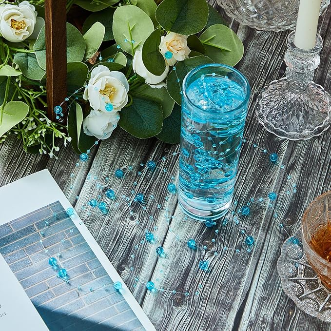 Tondiamo 24 Pcs Artificial Pearl String for Floating Candle Faux Pearls Beads String Garland Centerpiece Decoration for Vases Filler Wedding Spring Holiday Party Decor(Clear Blue)