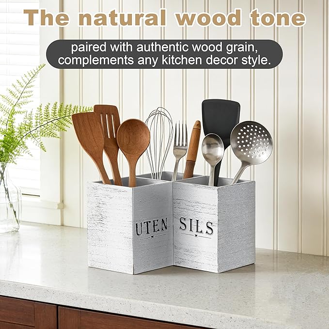 Extra Large Kitchen Utensil Holder for Countertop, Three Compartment Wooden Utensil Holder Farmhouse Decor Perfect for Storing Spatulas and Cooking Tools