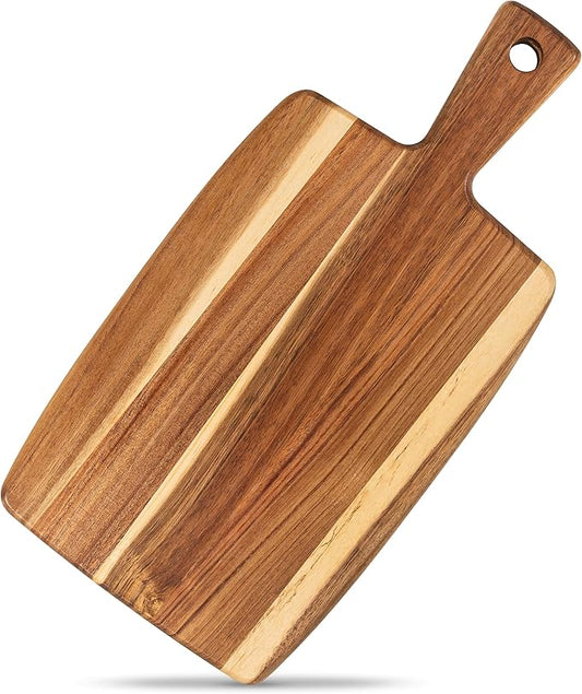 Acacia Wood Cutting Board and Chopping Board with Handle for Meat, Cheese Board, Vegetables, Bread, and Charcuterie - Decorative Wooden Serving Board for Kitchen and Dining Room, 16" x 8"