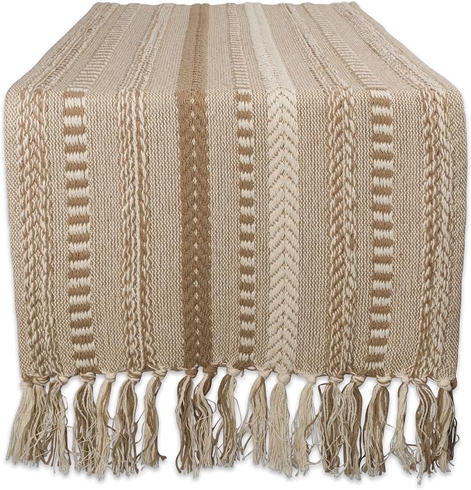 DII Farmhouse Braided Stripe Table Runner Collection, 15x108 (15x113, Fringe Included), Stone