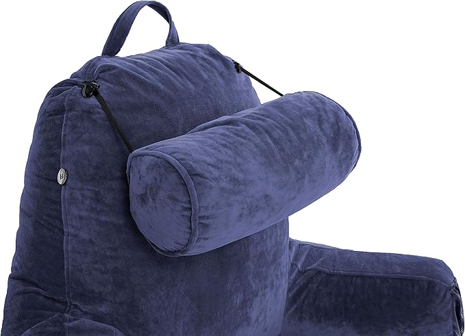 Husband Pillow Medium Reading Pillow with Arms - 23" Backrest for Sitting Up in Bed - Firm Support Bed Rest Pillow for Adults, Neck Roll, Removable Cover - TV, Reading, Lounging - Dark Blue