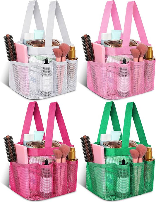 Hillban 4 Pcs Mesh Shower Caddy Portable Shower Caddy for Dorm Beach Mesh Bags with Deeper 8 Pockets and Handles Showers Caddies Basket for Women College Room Vacation(White, Pink, Green, Rose Red)