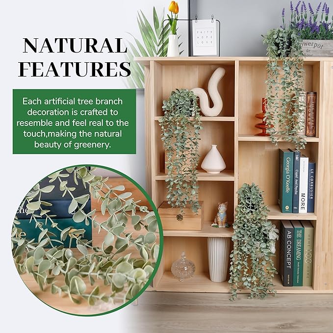 Der Rose 3Pcs Fake Plants Hanging Artificial Decor Faux Potted Eucalyptus Plants for Boho Bathroom Home Office Desk Wall Shelf Bookcase Accessories Decor Indoor