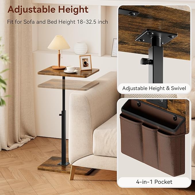 Vagusicc Sofa Armrest Tray Table for Couch - 360° Swivel Height Adjustable Side Table for Small Spaces, Snack Side Table for Bed or Chair, C Shaped End Table Snack Table for Eating Dinner Laptop