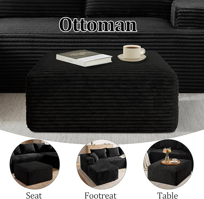 Corduroy Ottoman, Modern Boneless Cloud Foot Rest Foam Support, Oversized Modular Sectional Sofa Stool for Living Room, Bedroom & Small Spaces, No Assembly Required (Black, Ottoman) | Foam Support, Living Room Bedroom, Small Spaces, No Assembly Required