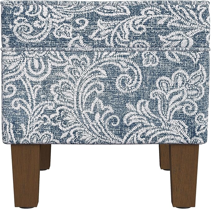 Homepop Home Decor |K7646-A879| Upholstered Modern Rectangular Storage Ottoman | Hinged Lid Ottoman with Storage for Living Room & Bedroom, Blue Denim Jacobean Print