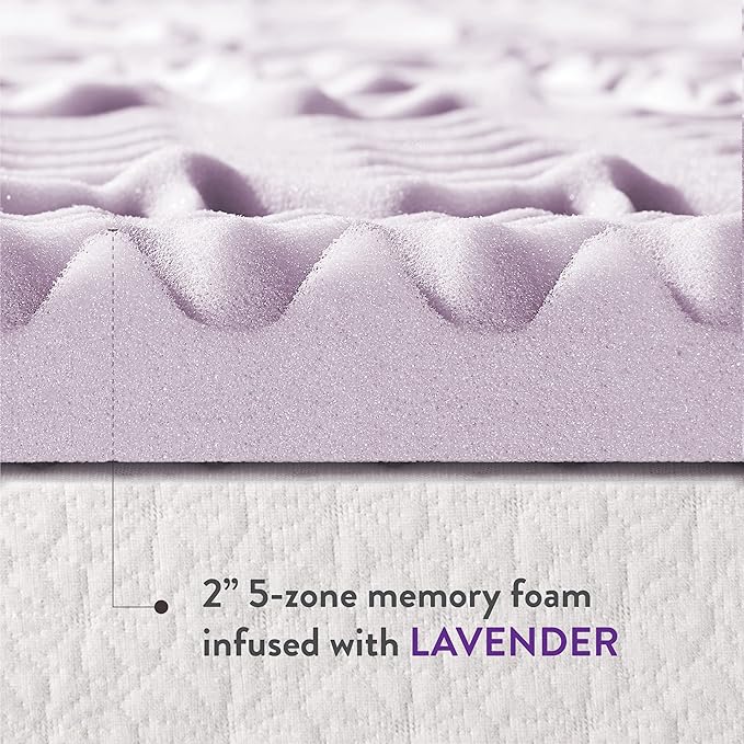 Mellow 2 Inch 5-Zone Memory Foam Mattress Topper, Soothing Lavender Infusion, Dorm Essentials, Twin