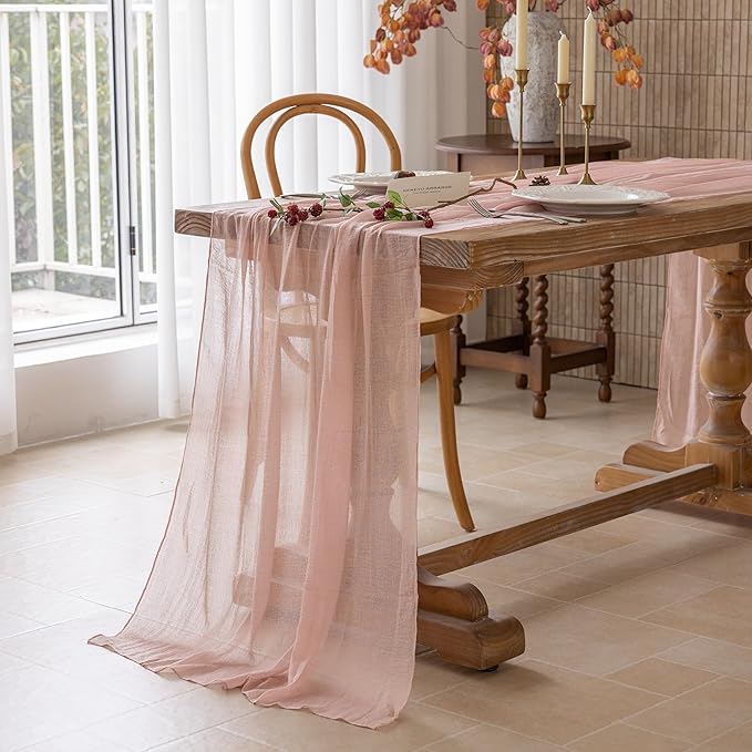 Keketoarrange 3pcs Dusty Pink Gauze Rustic Cheesecloth Table Runner 120 Inch 10 FT for Wedding Baby Shower Bridal Shower Birthday Engagement Garden Outdoor Party Long Sheer Boho Decorations