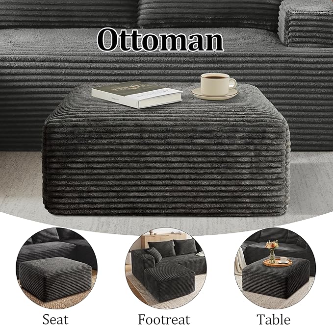 Corduroy Ottoman, Modern Boneless Cloud Foot Rest Foam Support, Oversized Modular Sectional Sofa Stool for Living Room, Bedroom & Small Spaces, No Assembly Required (Drak Gray, Ottoman) | Foam Support, Modular Sectional, No Assembly Required