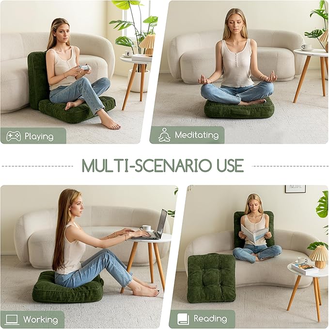 HIGOGOGO Floor Pillow Cushion for Adults, Meditation Cushion Pillow, Large Square Floor Sitting, Tufted Corduroy Cover, for Tatami Living Room or Yoga, 22x22 Inch, Dark Green