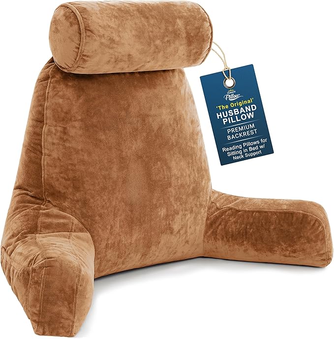 Husband Pillow XXL The Original for Adults - 30" Tall Backrest for Sitting Up in Bed - Firm Support Reading & Bed Rest Pillows for Adults, Neck Roll, Removable Cover - TV - Tan