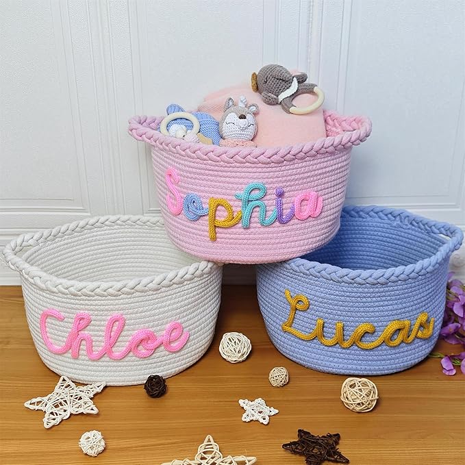 FKOG Handmade Personalized Baby Show Gift Basket, Custom Cotton Rope Storage Basket, Baby Nursery Organizer with Custom Name, Newborn Baby Baptism Gift (White Baby Girl Basket)