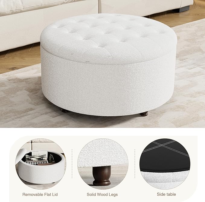 30 Inch Round Storage Ottoman,Modern Tufted Ottomans,Circular Coffee Table with Removable Top,Upholstered Large Ottoman with Storage Footrest Stool for Bedroom Living Room (Teddy White)