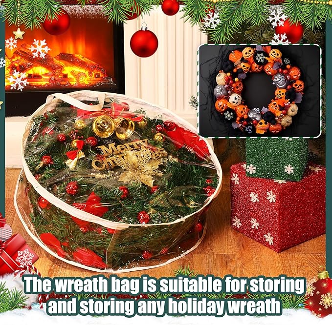 Shappy 4 Pcs 36 Inch Back to School Wreath Storage Container Clear Wreath Storage Bags PVC Waterproof Garland Bags with Clear Window Dual Zippers and Handles for Holiday Artificial Garland (White)