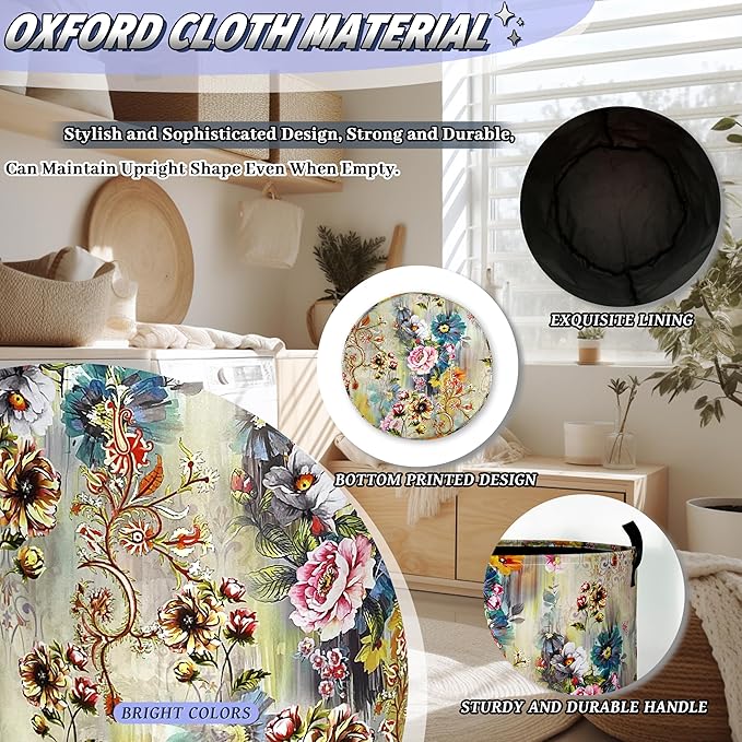 Beautiful Floral Laundry Basket Oxford Cloth Colorful Flowers Laundry Hamper With Handle Foldable Portable Clothes Storage Basket Funny Laundry Bag 18.9"x16.5" For Laundry Room/Bedroom/Bathrooms