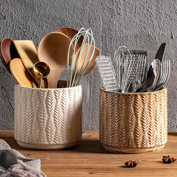 5.3-Inch Ceramic Utensil Crock Utensil Holder Countertop, Embossed Ceramic Storage Canister - with Non-Slip Cork Base, Rustic Farmhouse Multi-Purpose Desktop Organizer, Kitchen Decor(Wheat Brown)