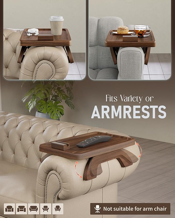 BLUEWEST Sofa Armrest Tray, Arm Table Sofa Arm Tray Clip on Tray Table with 360° Rotating Phone and Cup Holder for TV Dinners, Remote, Drinks and Snacks (Rectangle, Walnut)