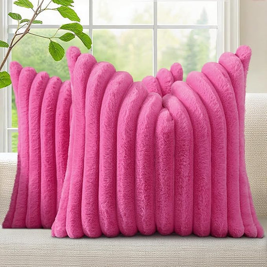 decorUhome Summer Cozy Faux Fur Throw Pillow Covers 24x24 Set of 2 Decorative Soft Plush Striped Modern Farmhouse Boho Couch Euro Sham Pillow Cases with Velvet Back for Sofa Bed Living Room, Hot Pink