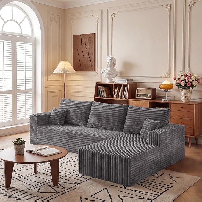 Boneless Couches for Living Room, Couch with Deep Seat Oversized Right Facing Chaise, Memory Foam Compressed Spineless 3 Seater Sofa for Apartment (Drak Gray, 92.5" L-Shape with Right Facing Chiase) | Boneless Compressed, Sofa in a Box, Cloud Couch, De...