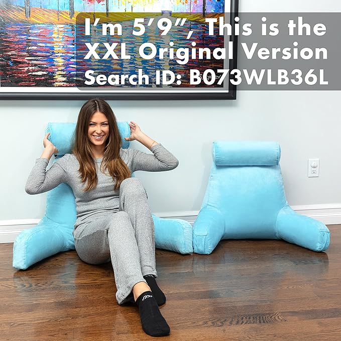 Husband Pillow Medium Reading Pillow with Arms - 23" Backrest for Sitting Up in Bed - Firm Support Bed Rest Pillow for Adults, Neck Roll, Removable Cover - TV, Reading, Lounging - Carolina Blue