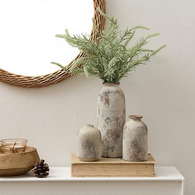 Ceramic Vase Set of 3, Decorative Terracotta Farmhouse Rustic Vases for Living Room Kitchen Bedroom Bathroom Entryway Mantel Table, Pottery Home Decor for Bouquet Pampas Grass Dried Fresh Flowers