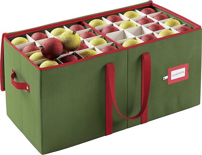 Christmas Ornament Storage Box - Green, Fits 128 Ornaments - Organizer With Dividers & Handles