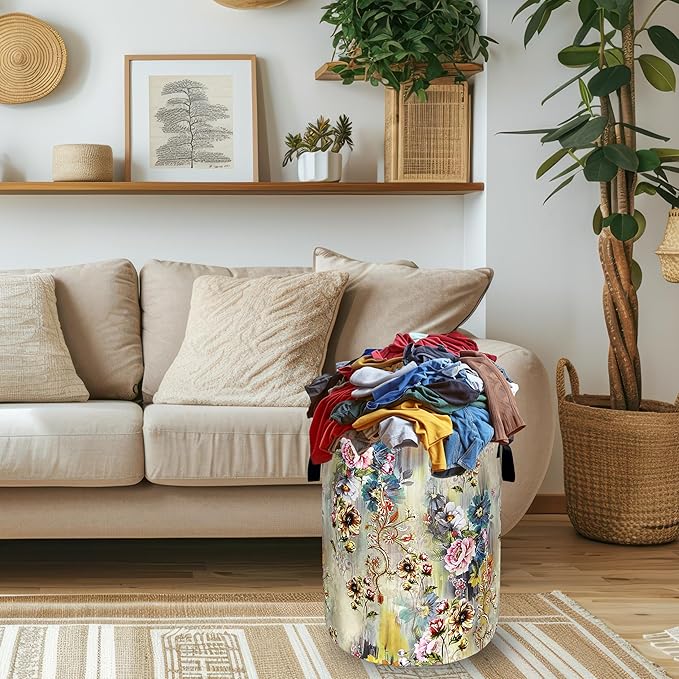 Beautiful Floral Laundry Basket Oxford Cloth Colorful Flowers Laundry Hamper With Handle Foldable Portable Clothes Storage Basket Funny Laundry Bag 18.9"x16.5" For Laundry Room/Bedroom/Bathrooms