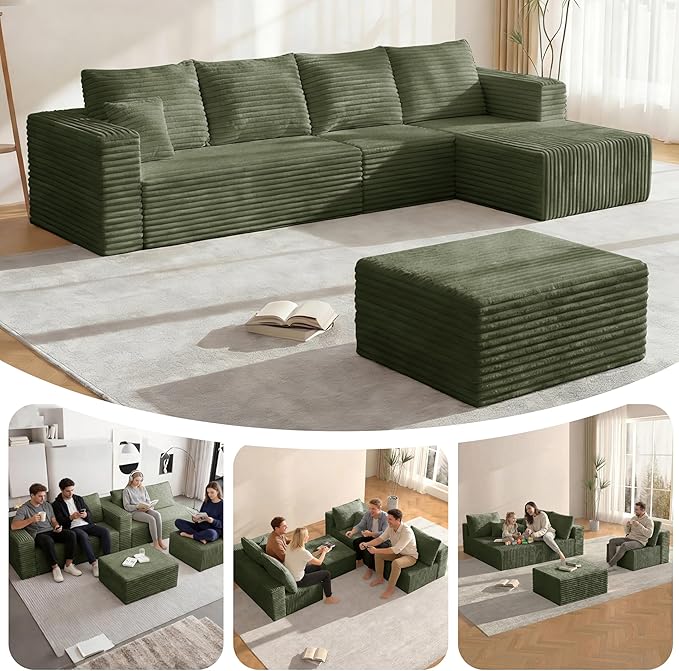 Boneless Couches Sectional Sofa, Compressed Sofa in a Box, U-Shaped Cloud Couch with Deep Seats & Chaise for Living Room, No Assembly Required (Green, 118" U-Shape with Right Facing Chiase) | Boneless Compressed, Sofa in a Box, Cloud Couch, Deep Seats,...