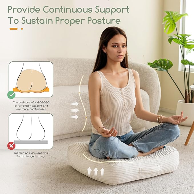 HIGOGOGO 6" Extra Thick Floor Pillow Cushion for Adults, Meditation Cushion Pillow, Large Square Floor Sitting, Tufted Corduroy Cover, for Tatami Living Room or Yoga, 22x22 Inch, 2Pack, Beige