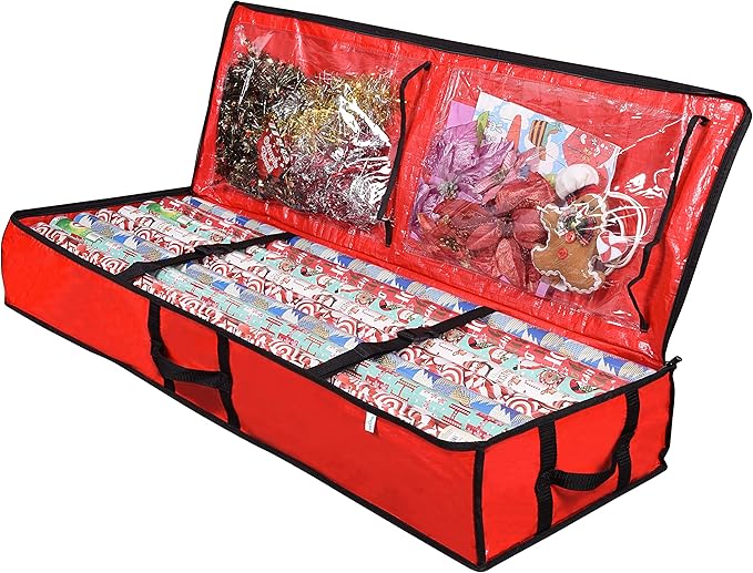 ProPik Wrapping Paper Storage Containers | Gift Wrap Organizer Under Bed 41”x14”x6” Fits 18-24 Rolls Fit Up to 40” Long Roll Wrap Storage Box Holder with Pockets for Ribbon Bows & Accessories (Red)