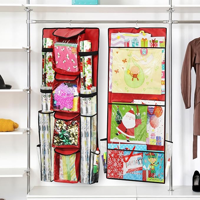 Simple Houseware Double-Sided Hanging Gift Wrap Organizer Storage Pockets, Red (Set of 1)