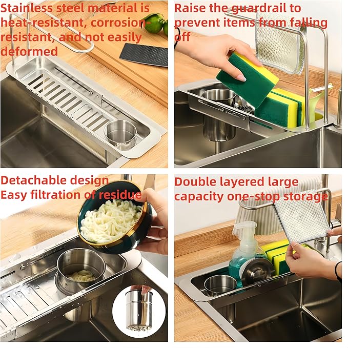 Stainless Steel Telescopic Over Sink Organizer Rack for Kitchen-Expandable Over The Sink Shelf, Adjustable Sponge Holder Organizer, Kitchen Sink Organizers Inside Sink for Sponge Rack