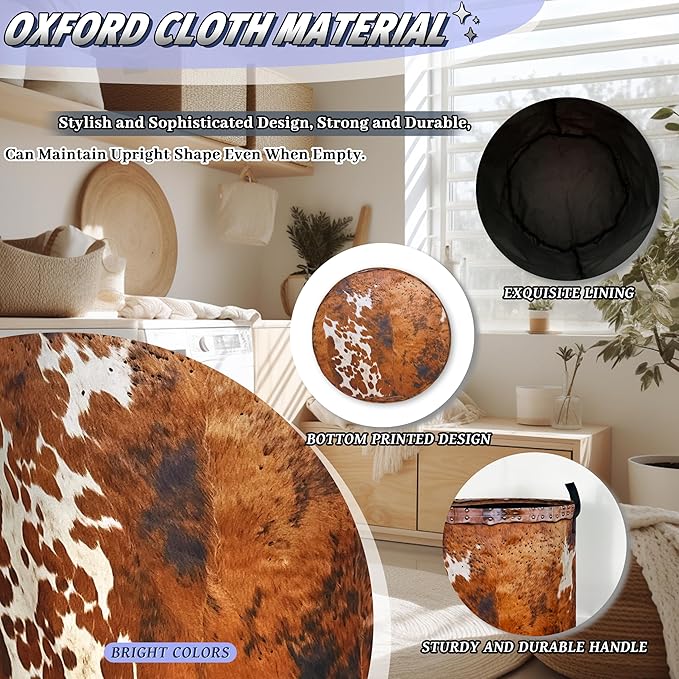 Vintage Brown Cow Skin Laundry Basket Foldable Funny Animal Print Laundry Hamper With Handle Oxford Cloth Portable Clothes Storage Basket Laundry Bag 18.9"x16.5" For Laundry Room/Bedroom/Bathrooms