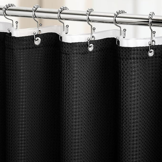 Dynamene Black Shower Curtain and Liner Set, Waffle Weave Fabric, Waterproof Clear Liner, 256GSM Heavy Duty Weighted Hotel Luxury Cloth Shower Curtains for Bathroom with 12 Plastic Hooks, 72Wx72H