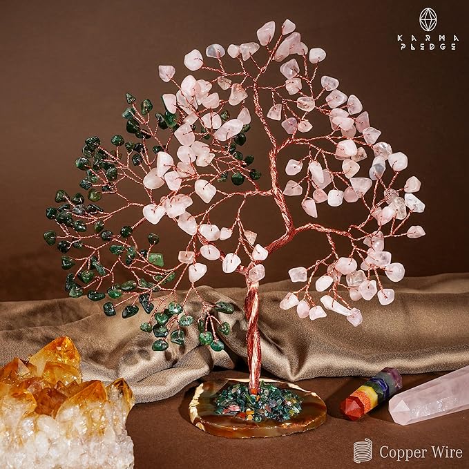 Handmade Healing Crystal Tree of Life Green Aventurine & Rose Quartz Chakra Tree for Money, Good Luck, Feng Shui Home Decor, Living Room Office Deocration, Unique Birthday Gifts for Women, Men, Mom