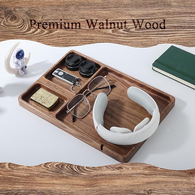 Best Dad Ever Valet Tray - Walnut Wood Nightstand Organizer for Men Women, Catch All Tray for Phone Jewelry Cologne Key, for New Dad