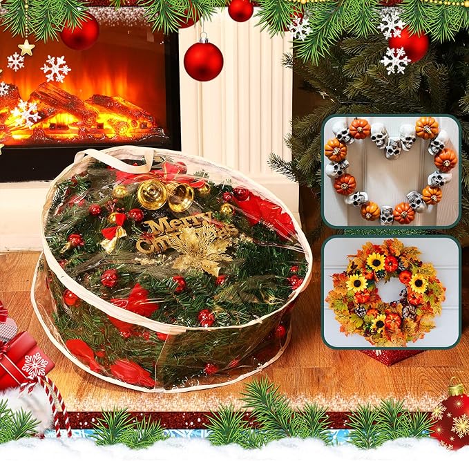 Zhengmy 10 Pcs 30 Inch Christmas Wreath Storage Bags Transparent Wreath Storage Container Bulk Wreaths Box with Dual Zippers and Handles for Xmas Holiday Wreaths Garland