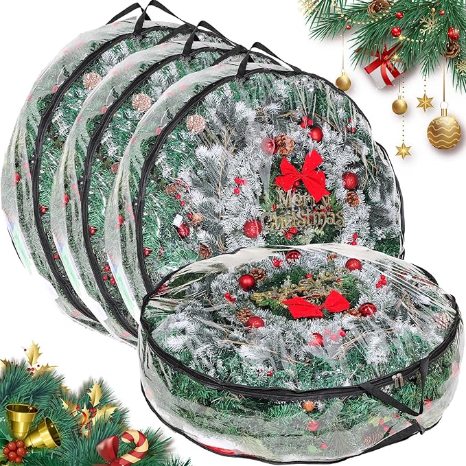 Shappy 4 Pcs 36 Inch Back to School Wreath Storage Container Clear Wreath Storage Bags PVC Waterproof Garland Bags with Clear Window Dual Zippers and Handles for Holiday Artificial Garland (Black)