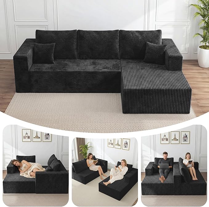 92.5" Cloud Sectional Couch with L-Shape Chaise, Modern Corduroy Boneless Couch for Living Room,Memory Foam Sofa with Deep Seat,No Assembly Required Washable Covers | Modern Corduroy, Boneless, Compressed in a Box, No Assembly Required