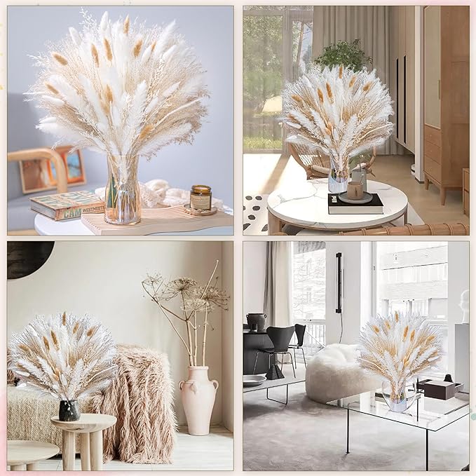 floradream 95 PCS Natural Pampas Grass Decor Bouquet | Boho Dried Floral Arrangement Centerpiece Table Decor Wedding Decor Rustic Decor, Natural, white, beige (Fdm-b-01)