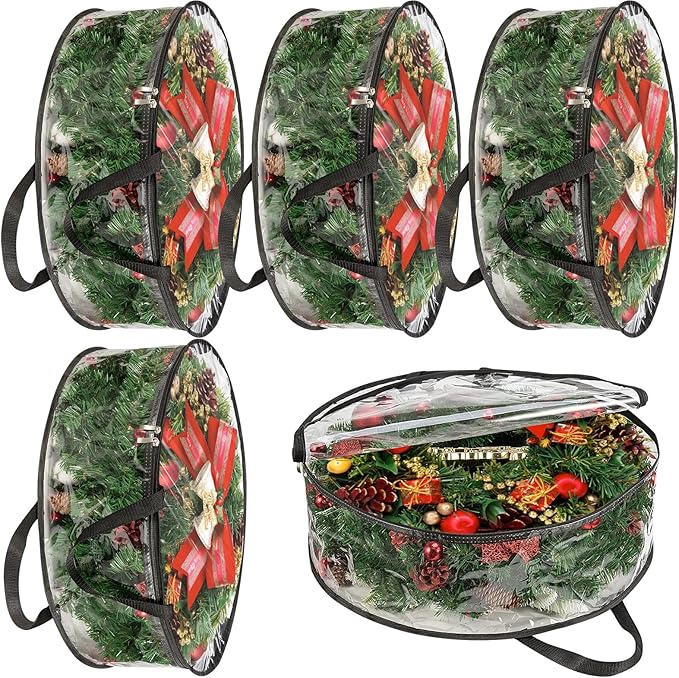 MUXHEL 5 Pcs Christmas Wreath Storage Bags, 24" Dia Round Wreath Storage Containers, Clear, Tear Resistant, Black