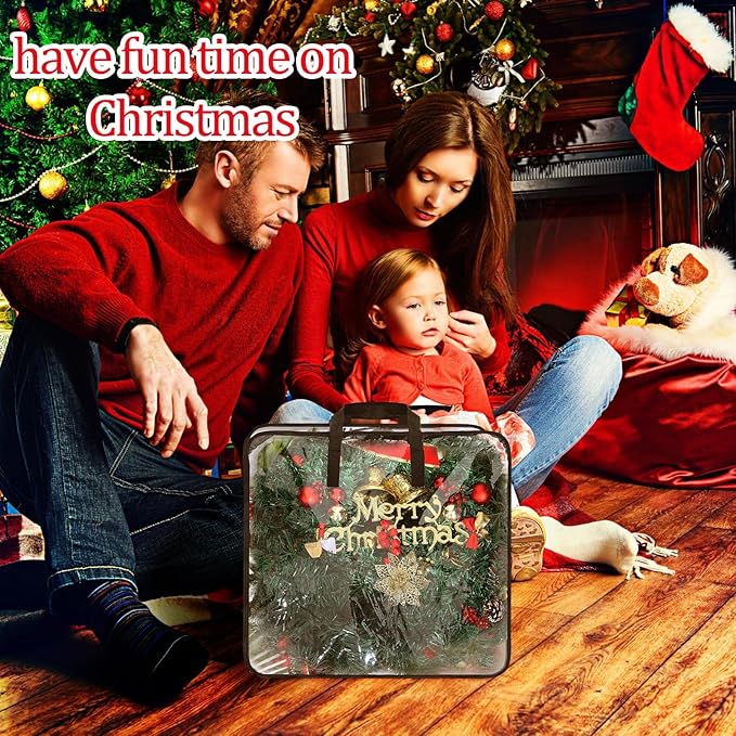 4 Pcs Christmas Wreath Storage Container Clear Organizer Bag for Xmas Moving With Handles and Dual Zipper Holder Plastic Tote (24 x 7 Inch)