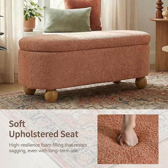 VKNOW 44.8" Storage Ottoman Bench End of Bed Bench, Thickened Upholstered Blanket Chest for Living Room, Entryway Bench with Cute Spherical Solid Wood Stool Legs for Bedroom, Orange