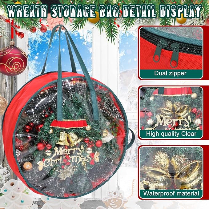 Shappy 2 Pcs Red Wreath Storage Bag Clear Wreath Box Storage Containers with Clear Window and Handle Garland Containers for Holiday Seasonal Bags